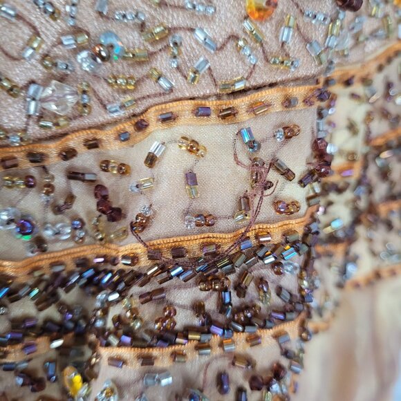 NWD Morell Maxie Brown Silk Chiffon Beaded Rhinestone Strappy Dress 8 - Picture 6 of 16